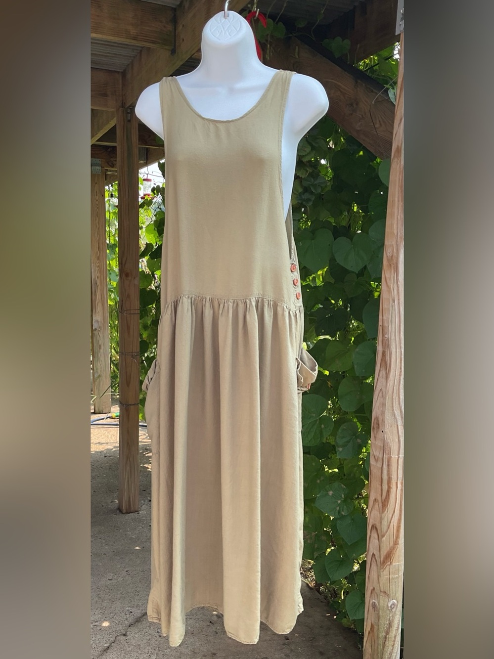 Vintage Prezzia Rayon Maxi Dress USA 90s Boho Lagenlook Pockets Drop Waist Small
